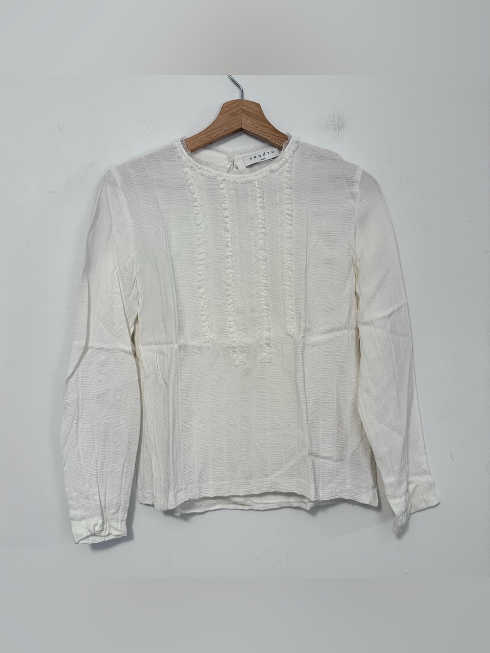 Sandro Paris White Lace Trim Textured Blouse Size 2 US M Long Sleeve